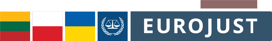 Flags of Lithuania, Poland and Ukraine and logos of International Criminal Court and Eurojust