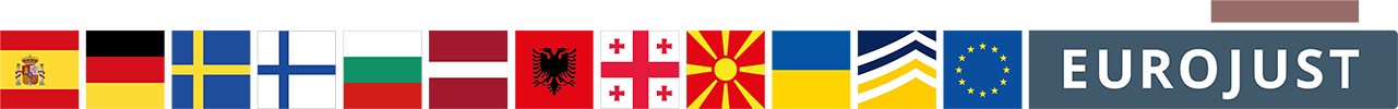 flags of ES, DE, SW, FI, BG, LV, Albania, Georgie, Macedonia, Ukraine, logo of Europol and Eurojust