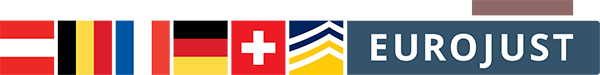 Flags of AT, BE, FR, DE, CH, logos of Europol, Eurojust