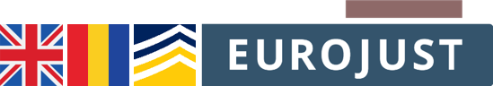 Flags of United Kingdom and Romania, and Europol, Eurojust logos