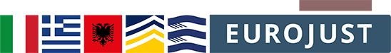 Italy, Greece and Albania flags, logo of Europol, Frontex and Eurojust