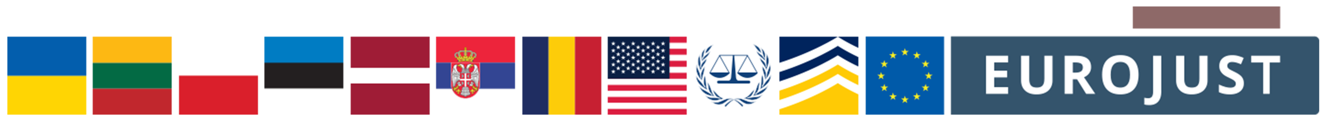 Flags of ES, DE, NL, USA, ISL  and Europol, Eurojust logos