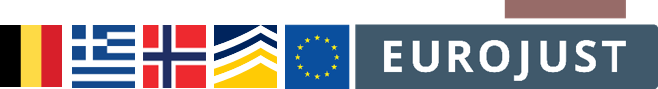 BE, GR, NO flags and Europol, Eurojust logos
