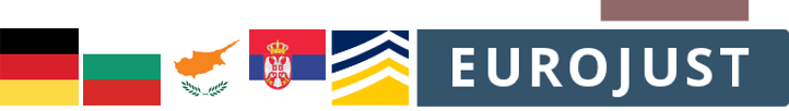 Flags of DE, BG, CY, SRB and Europol, Eurojust logos