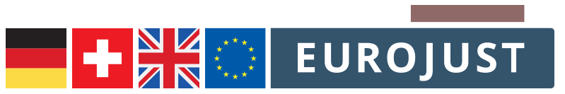 German, Swiss and UK flag, logo Eurojust