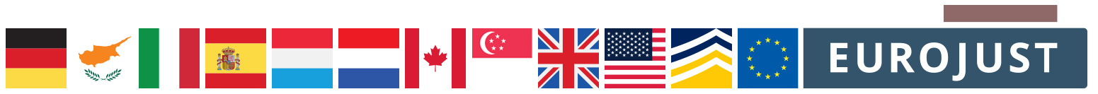 Flags of germany, cyprus, italy, spain, luxembourg, netherlands, canada, singapore, uk, usa and logos of europol and eurojust