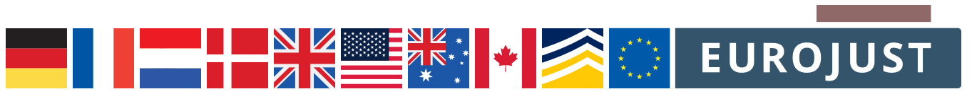 Flags of Germany, France, Netherlands, Denmark, UK, USA, Australia, Canada, logos of Europol and Eurojust