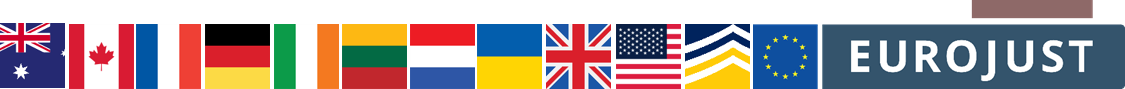 Flags of AU CA FR DE IE LT NL UA UK USA, and europol eurojust logos