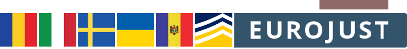 Flags of RO, IT, SE, UA, MD, and Europol, Eurojust logos