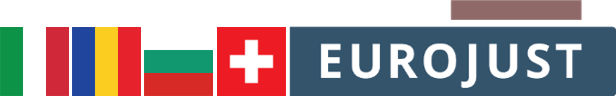 Flags of Italy, Romania, Bulgaria, Switzerland and logo of Eurojust
