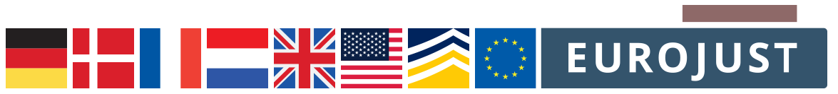 flags of germany, denmark, france, netherlands, uk, usa, logos europol and eurojust