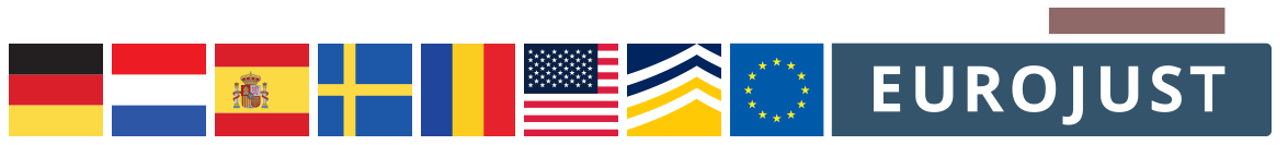 Flags of DE, NL, ES, SV, RO and USA. Logos Europol and Eurojust