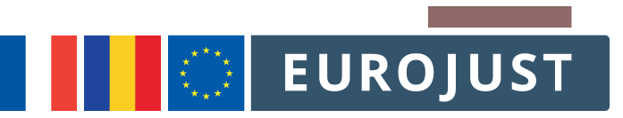 Flags of France and Romania, logo Eurojust