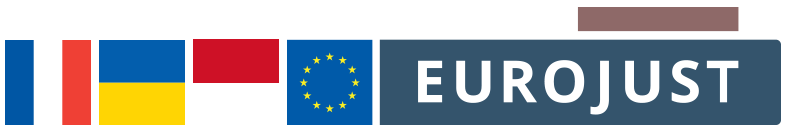 Flags of France, Ukraine and Monaco. Logo Eurojust