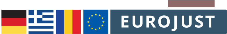 Flags of Germany, Greece and Romania, logo Eurojust