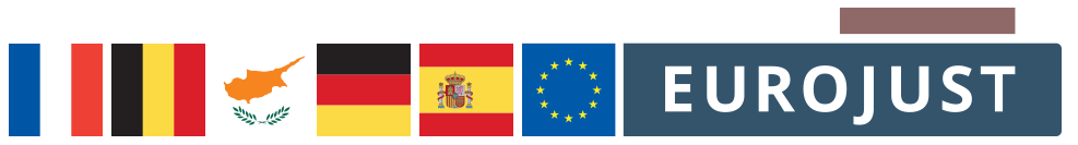 Flags of France, Belgium, Cyprus, Germany and Spain. Logo Eurojust