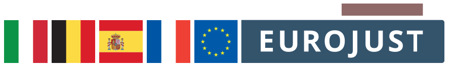flags of IT BE ES FR, and Eurojust logo