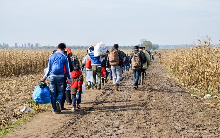 migrants walking in field