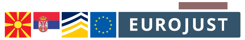 Flags of Macedonia and Serbia, logos of Europol and Eurojust