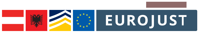Austrian and Albanian flags, logos Eurojust and Europol