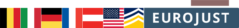 Flags of BE, IT, DE, FR, AT, US, and Europol, Eurojust logos