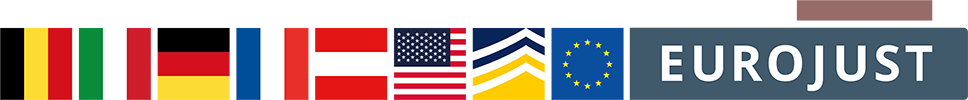Flags of BE, IT, DE, FR, AT, US, Europol, Eurojust logos