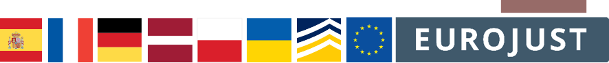 Flags of Es FR DE LV PL UA, logo of Europol Eurojust