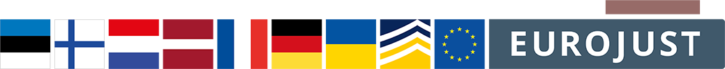 Flags of ET, FI, NL, LV, FR, DE, UA, Europol, Eurojust logos