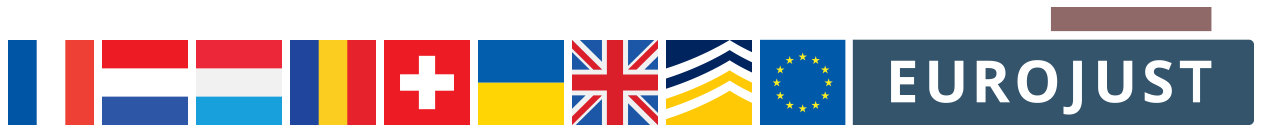flags of france, netherlands, luxembourg, romania, switzerland, ukraine, uk, logos europol, eurojust