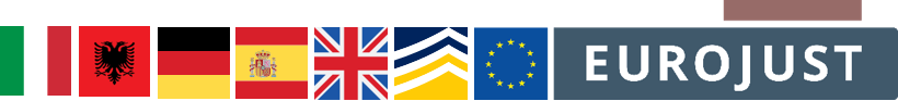 Flags of IT, AL, DE, ES, UK, logos of Europol, Eurojust