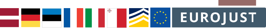 Flags of lv de et fr it mt, logo of Europol Eurojust