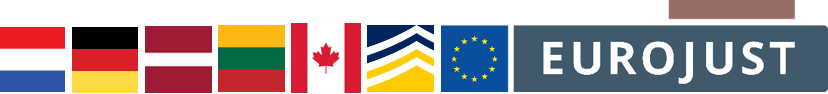 Flags of Netherlands, Germany, Latvia, Lithuania and Canada and logos of Eurojust and Europol