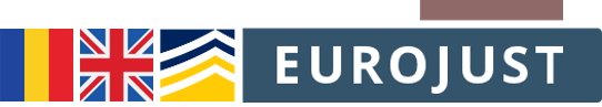Flags of RO, UK, Europol, Eurojust logos