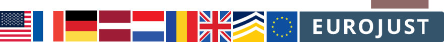 Flags of USA, FR, DE, LV, NL, UK, logos of Europol, Eurojust