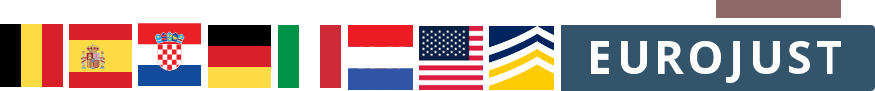 Belgian, Spanish, Croation, German, Italian, Dutch, UK, USA flags and logos of Europol and Eurojust
