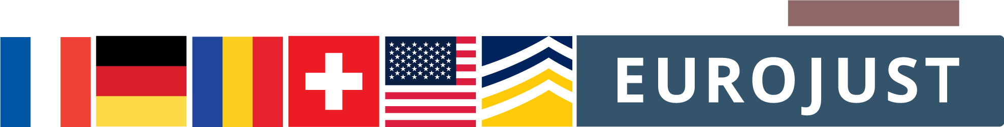Flags of FR, DE, RO, CH, US logos of Europol and Eurojust