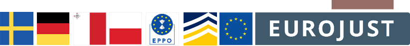 flags of sweden, germany, malta and poland, logos of eppo, europol and eurojust