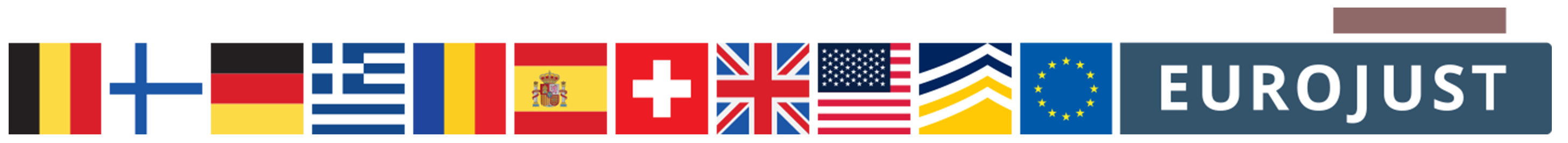 Flags of belgium, finland, germany, greece, romania, spain, switzerland, uk, usa and logos of europol and eurojust