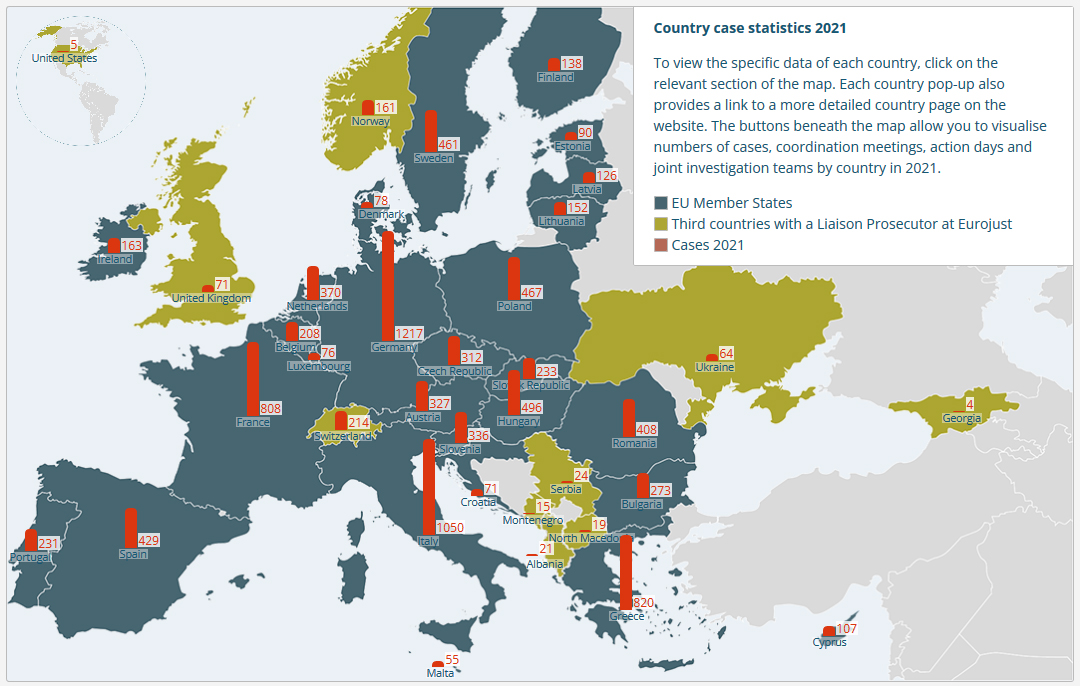 Non-interactive map, showing the number of cases for EU Member States and the Liaison Prosectutors