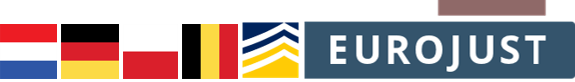 Flags of Netherlands, Germany, Poland, Belgium and logos of Europol and Eurojust