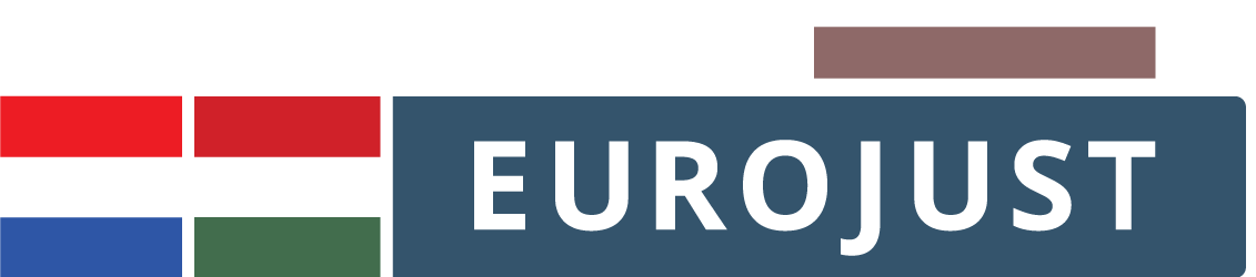 Flags of the Netherlands and Hungary, logo of Eurojust