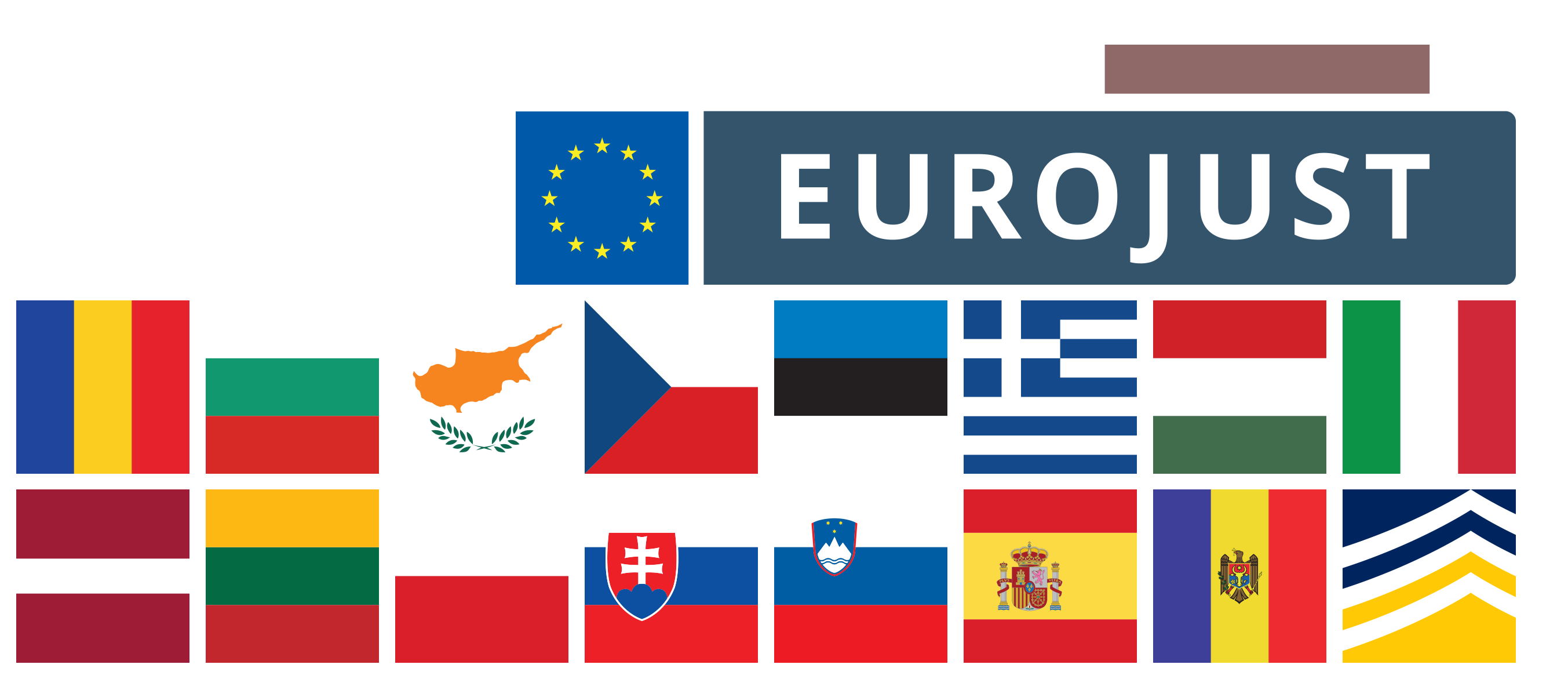 flags of romania, bulgaria, cyprus, czechia, estonia, greecem italy, hungary, latvia, lithuania, poland, slovaka, slovenia, spain and moldova. Logs eurojust and europol
