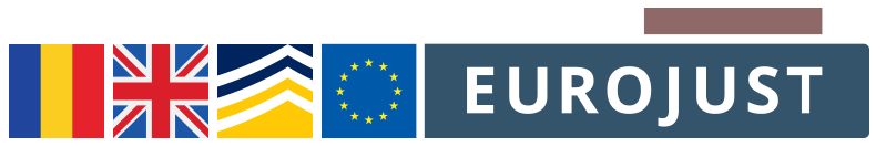 Flags of Romania and UK, logos Europol and Eurojust