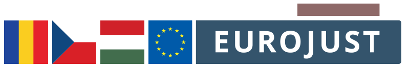 Flags of Romania, Czechia and Hungary. Logo Eurojust
