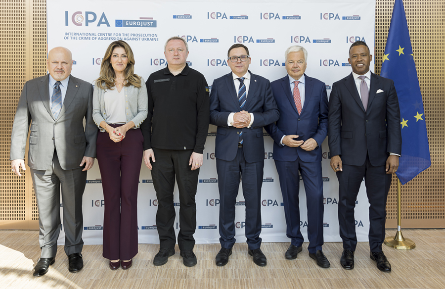 ICC Prosecutor Karim A.A. Khan, Justice Minister of the Netherlands Ms Dilan Yeşilgöz-Zegerius, Prosecutor General of Ukraine Andriy Kostin, Eurojust’s President Ladislav Hamran, European Commissioner for Justice Didier Reynders and Assistant Attorney General Kenneth A. Polite