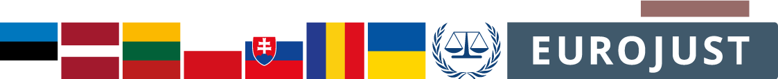 Flags of ET, LV, LT, PL, SK, RO, UA, logos of ICC, Eurojust