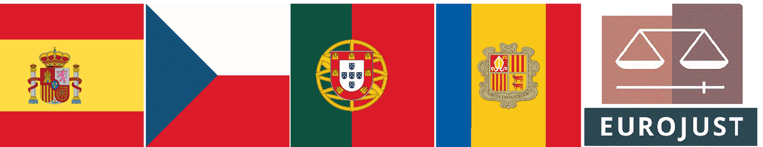 Flags of Spain, Czech Republic, Portugal and Andorra. Plus logo of Eurojust