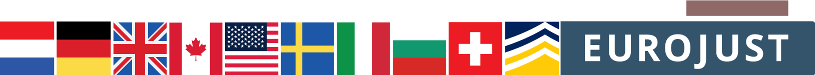 Dutch, German, Uk, Canadian, USA, Sweden, Italian, Bulgarian and Swiss flags, Europol and Eurojust logos
