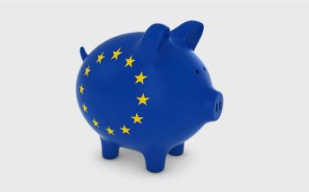 Piggy bank draped in EU colors