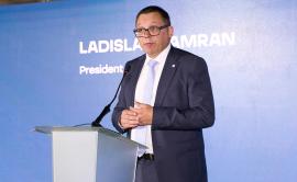 President Hamran gives opening remarks at the United for Justice conference in Kyiv